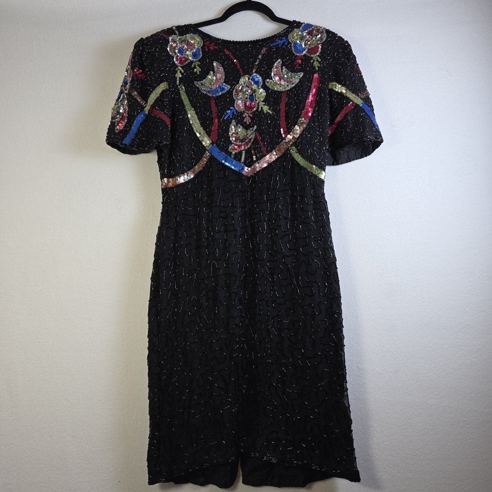American Night Vintage Black Beaded Sequin Dress | Art Deco Floral Evening Sz S